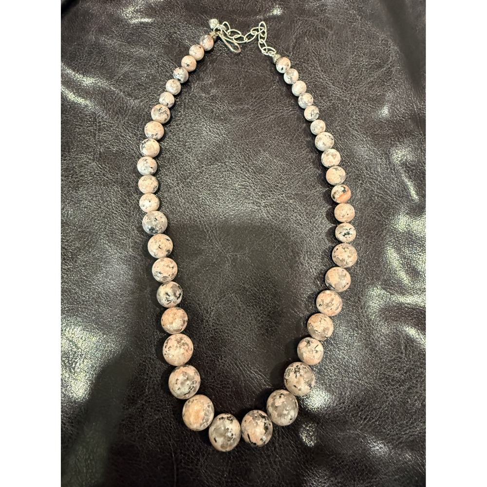 Sterling Silver 925 Pink Grey Speckled Jasper Graduated Bead Strand Necklace 16"